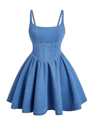 Women's Casual Square Neck Denim Dress Ruffle Hem A Line Mini Dress