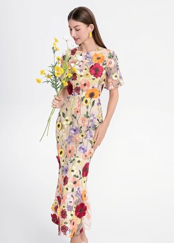 419i3GjI17L.jpg Women's 3D Floral Short Sleeves Crew Neck Fishtail Mesh Embroidery Party Cocktail Maxi Dress