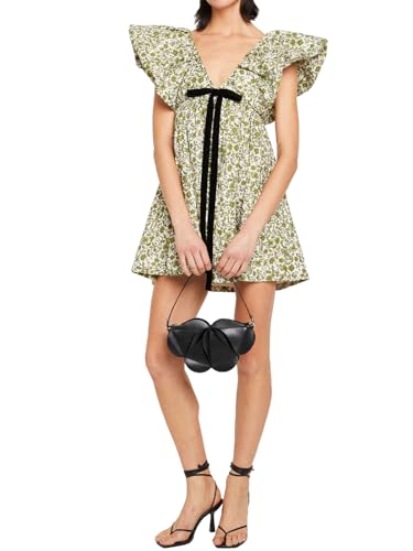 Women's Floral Print Mini Dress V Neck Puff Sleeve Dress Short Babydoll Bow Dress