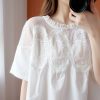 Women Crochet Lace Mini Dress Round Neck Short Sleeve Sheer Mesh Clothing Casual Outfits with Lace Back Design