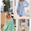Womens 2025 Casual Dresses Smocked Crewneck Button Up Long Sleeve Empire Waist A-Line Mini Dress