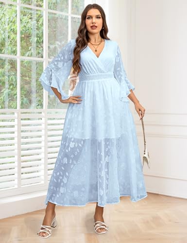 Women's Plus Size Wedding Guest Dress Ruffle Half Sleeve Wrap V Neck Slit A Line Flowy Boho Floral Maxi Dresses