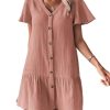 Women's Boho 2025 Summer Mini Dress, Solid Color V-Neck Single-Breasted Dress
