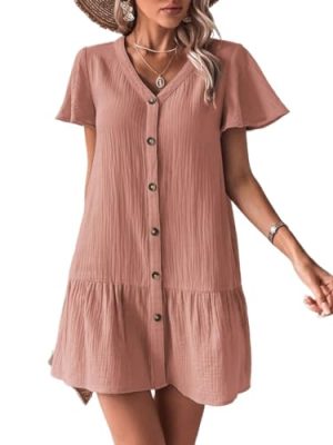 Women's Boho 2025 Summer Mini Dress, Solid Color V-Neck Single-Breasted Dress