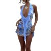 Women Sexy Halter Neck Floral Bodycon Mini Dress Backless Ruffle Layered Short Party Mesh Dress