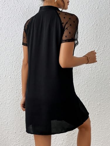 Women's Boho 2025 Summer Mini Dress, Contrast Mesh Raglan Sleeve Tie Neck Tunic Dress