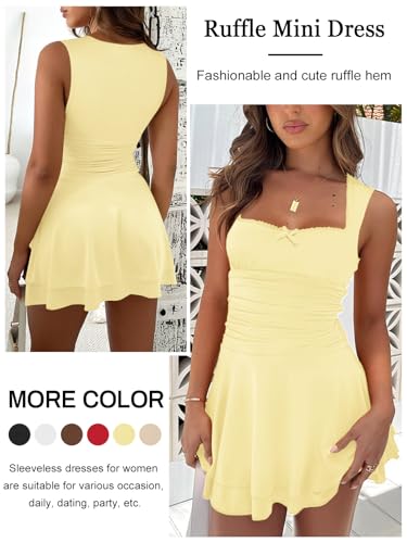 Women's Square Neck Ruffle Hem Mini Dresses Ruched Waist Slim Sleeveless Corset Dress for Women Summer Short Party Dress