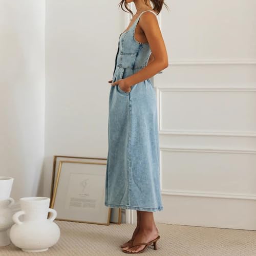 Women's Sexy Strap Maxi Denim Dress Summer Sleeveless Halter Bodycon Maxi Dresses
