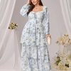 Womens Plus Size Floral Tiered Ruffle Long Sleeve Evening Party Wedding Guest Dress
