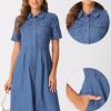 Denim Dress for Women's Collared Short Sleeve A-Line Button Up Jean Midi Dresses