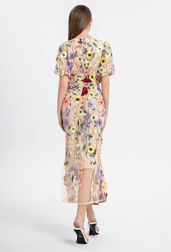 41CoFUebnRL.jpg Women's 3D Floral Short Sleeves Crew Neck Fishtail Mesh Embroidery Party Cocktail Maxi Dress