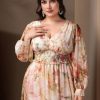 Spring Summer 2024 Plus Size Womens Dresses V Neck Casual Elegant Long Sleeve Floral Print Formal Maxi Dress