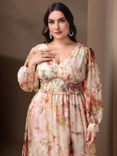 Spring Summer 2024 Plus Size Womens Dresses V Neck Casual Elegant Long Sleeve Floral Print Formal Maxi Dress
