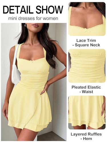 Women's Square Neck Ruffle Hem Mini Dresses Ruched Waist Slim Sleeveless Corset Dress for Women Summer Short Party Dress