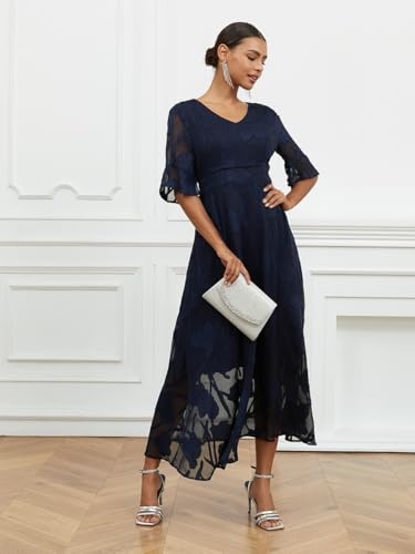 Summer Maxi Dresses for Women 2025 Casual Flutter Sleeve V Neck Cocktail Dress Smocked Elegant Ruffle A-Line Flowy Lace Dress