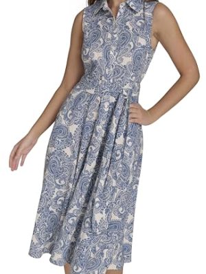 Women's Sleeveless Collared Button Front Tie Waist Midi Shirt Dress