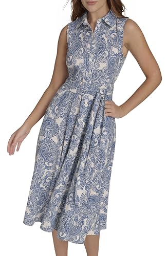 Women's Sleeveless Collared Button Front Tie Waist Midi Shirt Dress