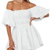 Womens Off The Shoulder Summer Dresses 2025 Short Lantern Sleeve Ruffle Elastic Waist A-Line Casual Mini Dress