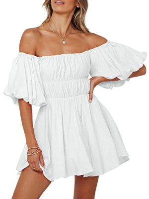 Womens Off The Shoulder Summer Dresses 2025 Short Lantern Sleeve Ruffle Elastic Waist A-Line Casual Mini Dress