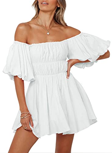 Womens Off The Shoulder Summer Dresses 2025 Short Lantern Sleeve Ruffle Elastic Waist A-Line Casual Mini Dress