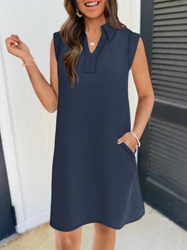 Women's 2025 Summer Short Sleeve Mini Dress Casual Collared V Neck Loose T Shirt Dresses