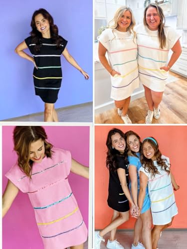 Womens Textured T Shirt Dress Short Sleeve Summer Casual Sequin Stripe Mini Dresses