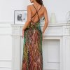 Women's V Neck Spaghetti Straps Sequin Sparkly Glitter Irregular Hem Prom Dress Bcakless Maxi Evening Gowns