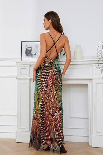 Women's V Neck Spaghetti Straps Sequin Sparkly Glitter Irregular Hem Prom Dress Bcakless Maxi Evening Gowns