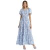 Women Short Bubble Sleeves Cotton Maxi Dress Flower Printed V Neck Elastic Waist Casual Red Long Summer Dresses