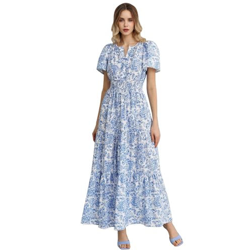 Women Short Bubble Sleeves Cotton Maxi Dress Flower Printed V Neck Elastic Waist Casual Red Long Summer Dresses