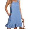 Women's Ruffle Trim Sleeveless Tank Denim Dress Vacation Scoop Neck Jean Dresses