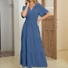Women's Summer Boho Maxi Dresses Casual V Neck Short Sleeve A-line Empire Waist Long Flowy Beach Dress