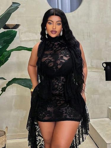 41G7A5i7AKL.jpg Women's short sleeve dress Sleeveless Sexy High Stretch Lace Mini Dress