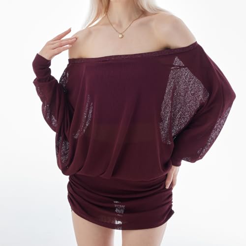 Loose Fit Sheer Dress Batwing Off The Shoulder Long Sleeve Mini Ruched Oversized Casual Streetwear Sexy Dress