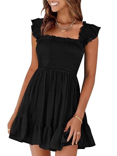 Womens Summer Casual Square Neck Smocked Short Sundress 2025 Spring Beach Vacation Flowy Cute Teen Boho Dresses
