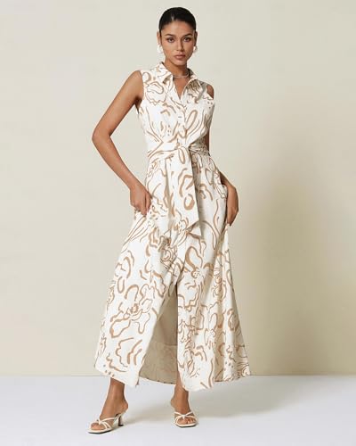 Women's Summer Button Down Shirt Dresses Sleeveless V Neck Belted Casual Maxi Dress with Pockets