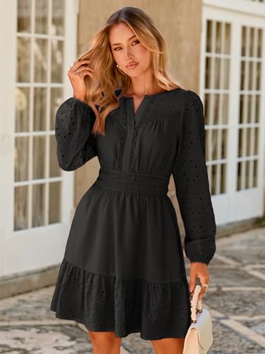 Womens Eyelet Long Sleeve Mini Dress 2025 Fall Boho Embroidery V Neck A Line Casual Short Party Dresses