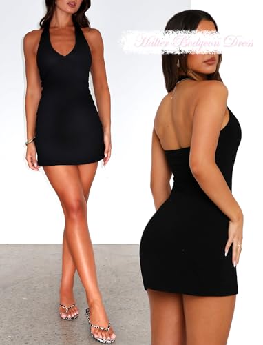 Bodycon Halter Mini Dresses for Women Going Out Club Dress Backless V Neck Summer Short Dress Cocktail Party Dresses