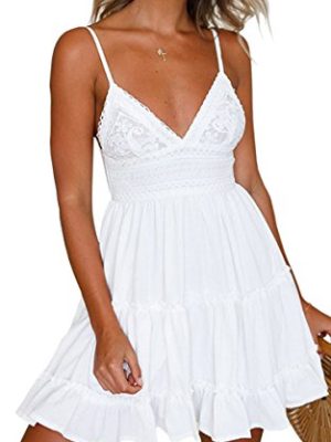 Summer Dresses for Women 2025 V-Neck Spaghetti Strap Bowknot Backless Sleeveless Lace Mini Swing Skater Dress