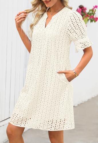 Women's 2025 Summer Short Sleeve Mini Dress V Neck Ruffle Hollow Out Eyelet Lace Dresses