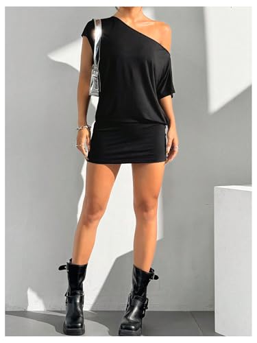 Women's Off The Shoulder Mini Dress Asymmetrical Neck Short Sleeve Casual Bodycon T Shirt Dresses