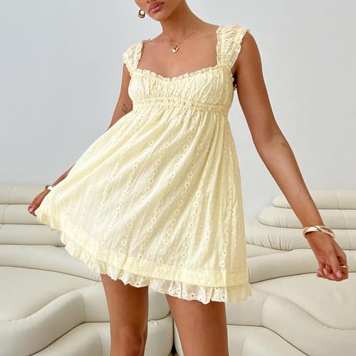 Women Sleeveless Mini Sundress Floral Embroidery Elastic Waist Aline Dress Square Neck Babydoll Short Dress