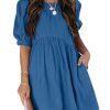 Womens Summer Crewneck Puff Sleeve Babydoll Elegant Empire Waist Mini Swing Skater Dresses with Pockets