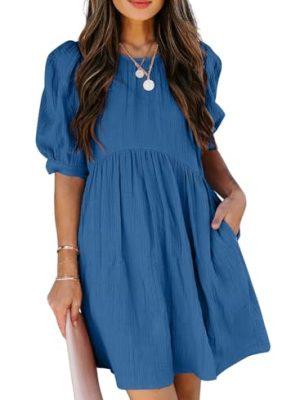 Womens Summer Crewneck Puff Sleeve Babydoll Elegant Empire Waist Mini Swing Skater Dresses with Pockets