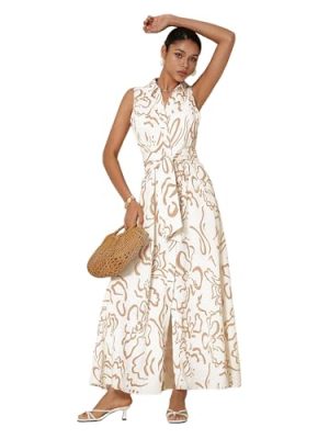 Women's Summer Button Down Shirt Dresses Sleeveless V Neck Belted Casual Maxi Dress with Pockets