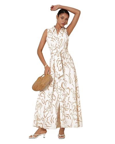 Women's Summer Button Down Shirt Dresses Sleeveless V Neck Belted Casual Maxi Dress with Pockets