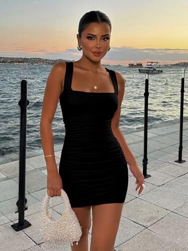 Women's Sexy Bodycon Corset Mini Dresses Square Neck Ruched Sleeveless Club Party Short Dress