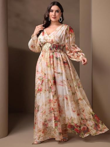 Spring Summer 2024 Plus Size Womens Dresses V Neck Casual Elegant Long Sleeve Floral Print Formal Maxi Dress