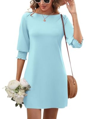 Womens Summer Mini Dresses Boatneck 3/4 Puff Sleeve Floral T Shirt Dress with Pockets Boho Dresses Fashion Trendy 2025