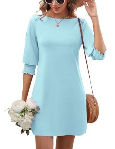 Womens Summer Mini Dresses Boatneck 3/4 Puff Sleeve Floral T Shirt Dress with Pockets Boho Dresses Fashion Trendy 2025